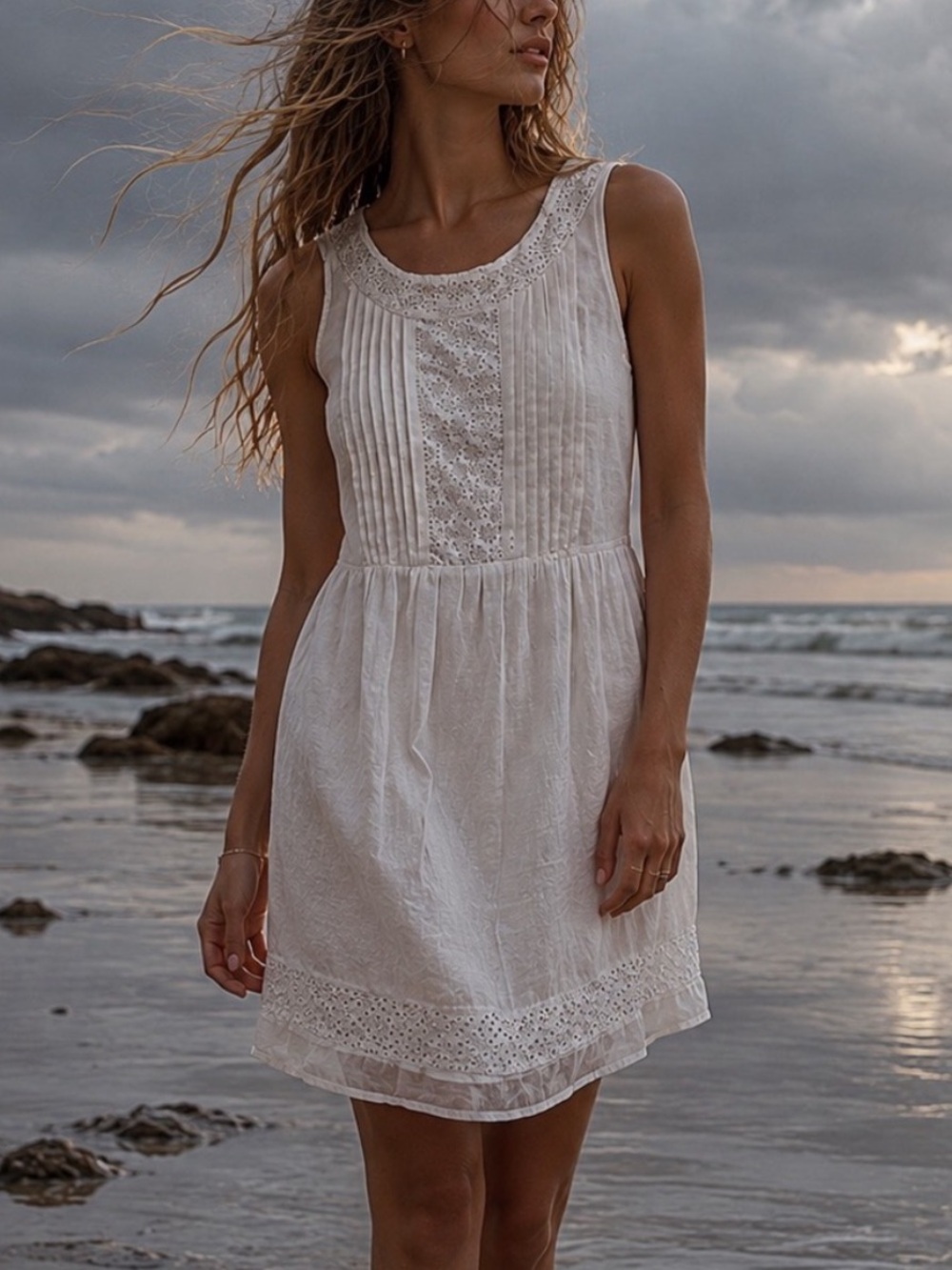 Old Navy Ivory Cotton Blend Prairie Babydoll Sleveless Lace Mini Lined Dress